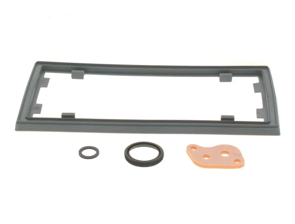 BOSCH Dichtungs-Set mit verschiedenen Dichtungen und einer Halterung. Enthält ovale und runde Dichtungen aus flexiblem Material.